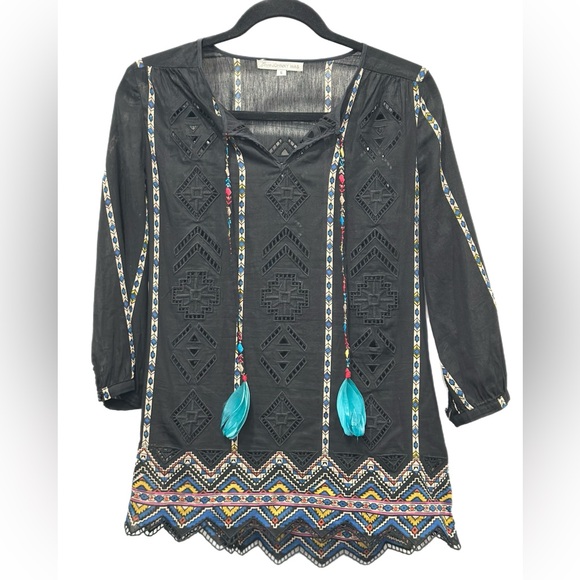 Johnny Was Black embroidered detail 3/4‎ Sleeve Graphic Tunic size small - Picture 1 of 8